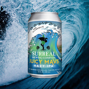 Can of Surreal Non-Alcoholic Juicy Mavs Hazy IPA. 25 calories, zero sugar. Bcakground large wave.