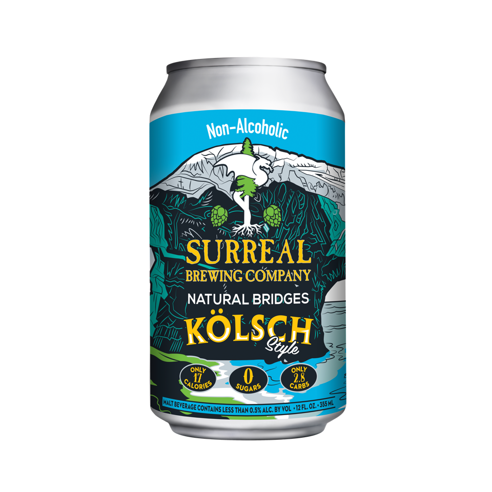 Can of Surreal Non-Alcoholic Kolsch Style. 17 Calories, Zero Sugar, 2.8 calories. 