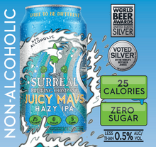 Load image into Gallery viewer, Carton view of Surreal Non-Alcoholic Juicy Mavs Hazy IPA. Multiple awards shown. 25 Calories, zero sugar.
