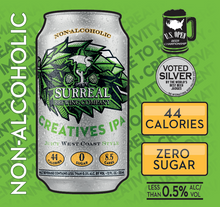 Load image into Gallery viewer, Carton view of Surreal Non-Alcoholic Creatives West Coast IPA. Multiple awards shown. 44 calories, zero sugar.
