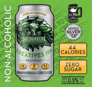 Carton view of Surreal Non-Alcoholic Creatives West Coast IPA. Multiple awards shown. 44 calories, zero sugar.