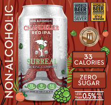 Load image into Gallery viewer, Carton view of Surreal Non-Alcoholic Chandelier Red IPA . 33 Calories, ZERO sugar. Multiple awards shown. 
