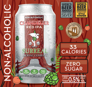 Carton view of Surreal Non-Alcoholic Chandelier Red IPA . 33 Calories, ZERO sugar. Multiple awards shown. 