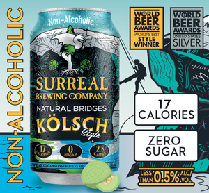 Carton view of Surreal Non-Alcoholic Natural Bridges Kolsch Style. Multiple awards shown. 17 calories, zero sugar.