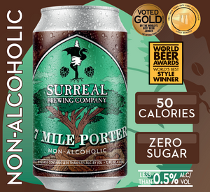 Carton view of 17 Mile Porter Surreal Non-Alcoholic Porter. Multiple awards shown, 50 calories, zero sugar. 