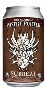 Can of Surreal Brewing Non-Alcoholic Pastry Porter shown. Dragon in geometric form.
