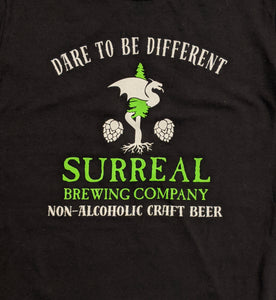 Mens t-shirt with Surreal Brewing Logo of dragon and hops. Non-Alcoholic craft beer.
