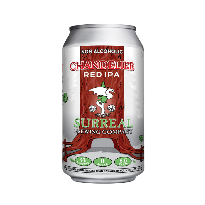 Can of Surreal Brewing Non-Alcoholic Chandelier Red IPA. 33 calories, zero sugar.
