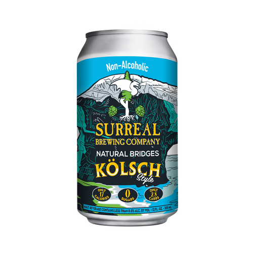 Can of Surreal Non-Alcoholic Kolsch Style. 17 Calories, Zero Sugar, 2.8 calories. 
