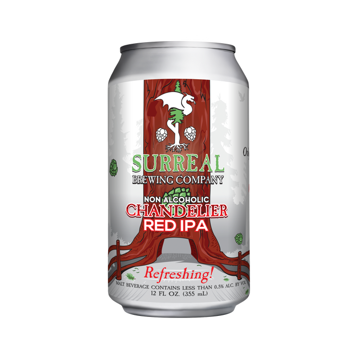 Can of Surreal Non-Alcoholic Chandelier Red IPA. Refreshing. 