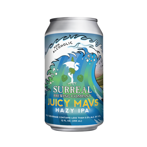 Can of Surreal Non-Alcoholic Juicy Mavs Hazy IPA. 25 calories, zero sugar.