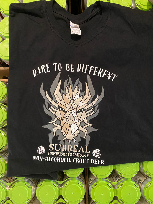 Mens t-shirt with Surreal Brewing mascot a geometrical dragon. Non-Alcoholic craft beer.